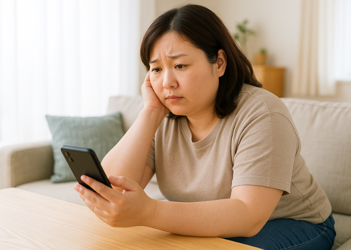 スマホで健康診断結果を調べる女性